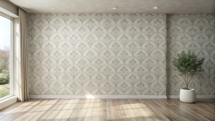 Empty Room with Elegant Damask Wallpaper and Potted Plant