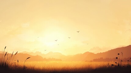 Serene Sunset Over Golden Grassland Hills