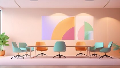 Fototapeta premium Modern boardroom interior with large blank canvas for signage or presentation display on wall, natural light through windows. 3D Rendering