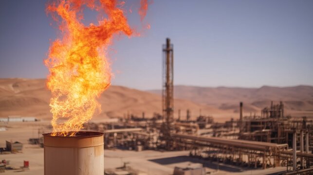 Petrochemical production facility. Air pollution. Climate change. Global warming. Carbon emissions. Oil and gas industry. A gas flare stack with a burning flame. Environmental awareness