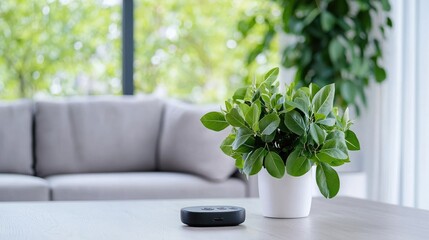 Smart home device on table, plant, living room