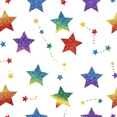 Obraz premium big rainbow glitter stars seamless pattern fun celestial galaxy sky white background 