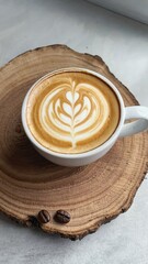 Aromatic Latte Coffee with Intricate Leaf Design, Served in a White Mug on a Rustic Wooden Slab, Two Coffee Beans Beside