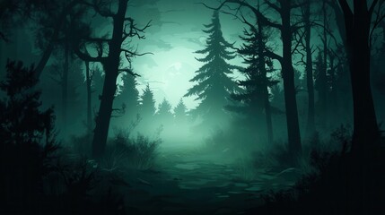 Obraz premium Mystical Moonlight Forest Path Enveloped In Mist
