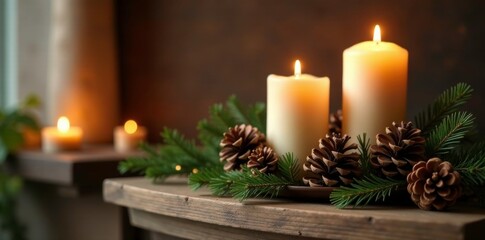 Pinecone and candle arrangement on a wooden mantel, warm, pinecones