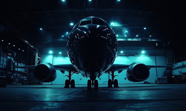 Airplane in hangar at night, ready for departure