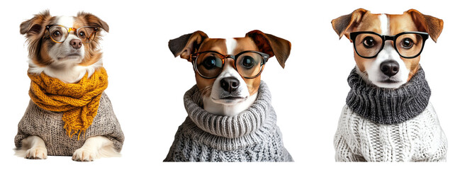 Fototapeta premium Three stylish dogs wearing sweaters and glasses against a transparent background