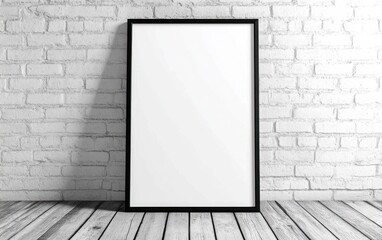 Blank black frame on white brick wall.