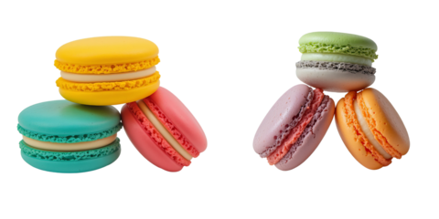 Three brightly colored macarons pyramid shape on white bg 
