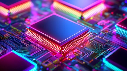 Obraz premium Neon-lit circuit board with pulsating data streams, representing high-speed digital processing, advanced computing, and futuristic technology innovation