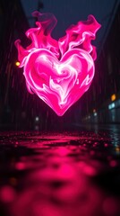  highly detailed digital painting of a glowing pink flame heart in a dark, wet, rainy scene viewed from a low angle perspective. Mobile Wallpaper