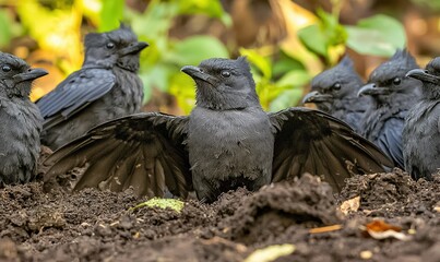 Fototapeta premium Black birds with spread wings on dirt ground, nature background, wildlife image