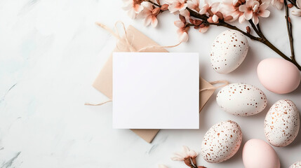 easter greeting card with empty space, flat lay, top view, eggs and flowers composition. pastel colors, soft light, template for your design