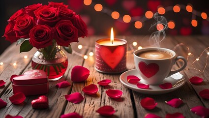 A romantic scene with a cup of coffee, a lit candle, a vase of red roses, rose petals, and a gift box, perfect for Valentine's Day.
