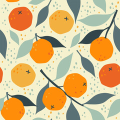 Simple seamless pattern with oranges and leaves. Vector graphics.