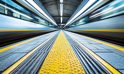 Blurred trains arriving and departing at a modern subway station platform