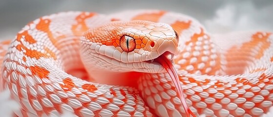 Fototapeta premium Stunning Orange White Snake Coiled Reptile Detailed Scales Close Up