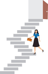 Career opportunity, doorway to success, solution or hope for aspiration, entering opening door for new career chance, possibility concept, businesswoman walk staircase to find opening opportunity door