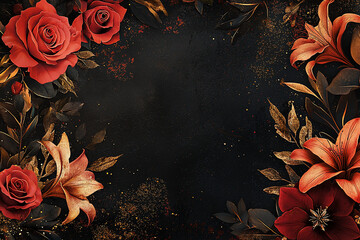 Elegant floral arrangement featuring red roses and golden lilies on a dark background, perfect for invitations