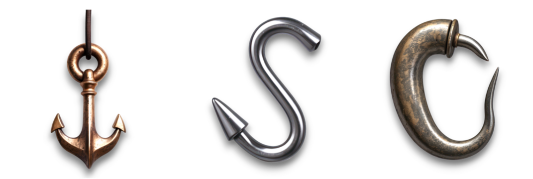 Isolated metal hooks with ornate designs on transparent background