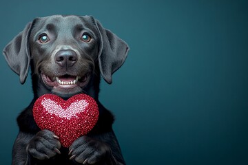 Cute pointer doggy with sparkling rhinestones red heart - sign of love, funny greeting card. Ad campaign visual idea. Pointer - my desired dog. Love story with animals. Red heart. Love concep.