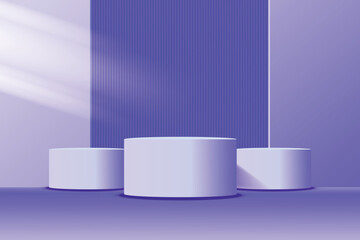 3D purple round podium background. Minimalist pedestal mockup. Abstract stand product display presentation, Stage for showcase. Vector platform design.