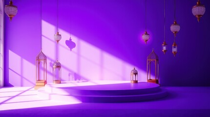 A highly detailed studio photo of an empty Ramadan podium for product display.  The image features vivid purples and deep ultraviolet hues, high contrast, diffused shadows, and gentle soft light 