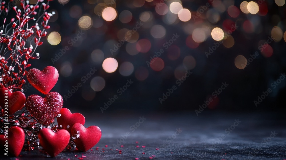 Poster soft red hearts on abstract background for romantic scene with gentle bokeh effects and delicate det