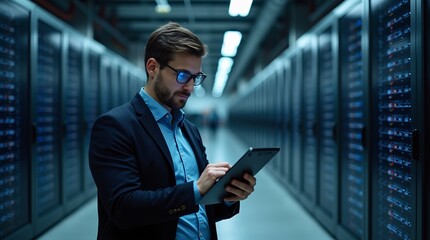 In a dimly lit data center, a professional-looking man stands confidently, engaged with a tablet in his hands. 