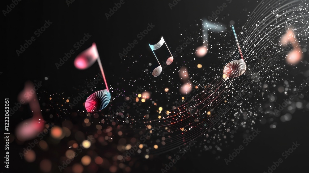 Poster colorful musical notes soar across a dark background, creating a magical ambiance that evokes imagin
