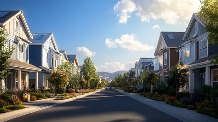 A neighborhood of solar-powered homes, equipped with energy-efficient solutions to create a sustainable, eco-friendly community.