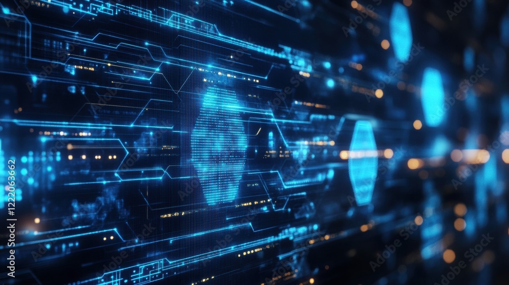 Poster futuristic wallpaper with glowing blue hexagonal grids and digital-style patterns