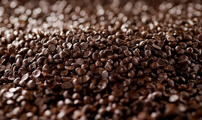 Close-up of dark chocolate chips, shallow depth of field, ideal for baking or dessert backgrounds