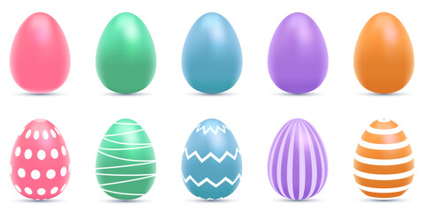 A realistic 3D set of colorful Easter eggs. Easter eggs with geometric patterns and plain colors. Vector illustration.