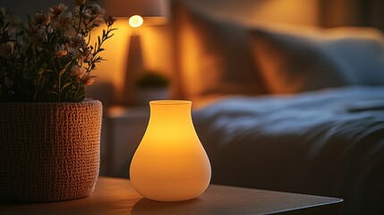 Serene Nighttime Ambiance: Illuminated Vase on Nightstand