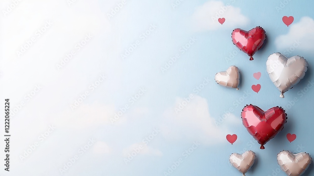 Poster heart balloons of varying sizes drifting in a blue sky with soft clouds and tiny heart shapes