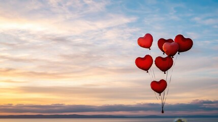 Fototapeta premium Heart-Shaped Balloons of Various Sizes Floating Gracefully Against a Beautiful Sky at Sunset