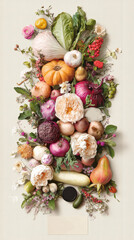 Colorful arrangement of fresh vegetables and flowers on a light background