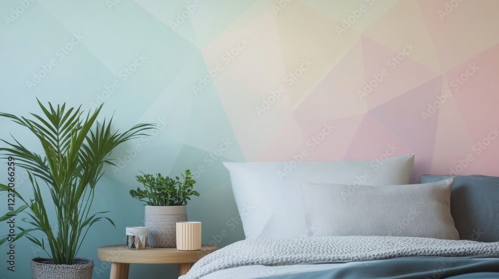 Poster geometric wallpaper in pastel tones with abstract triangles and soft gradients, creating a calm and 