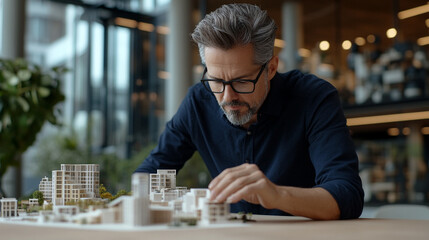 Architect carefully examining a building model in studio