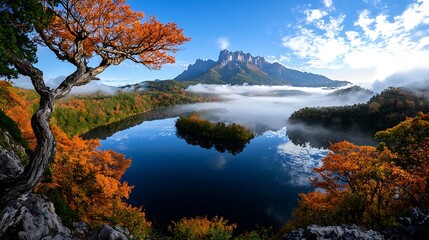 Naklejka premium Autumnal lake reflecting mountains in morning mist; scenic landscape ideal for calendars or travel brochures