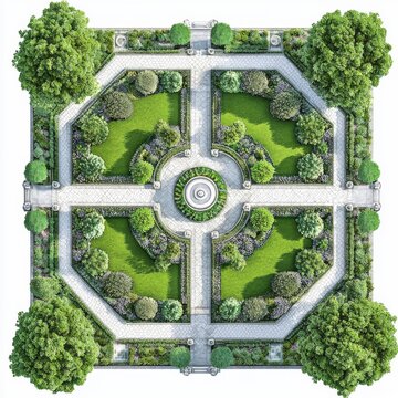Aerial View of a Beautifully Designed Formal Garden with Symmetrical Pathways and Lush Greenery