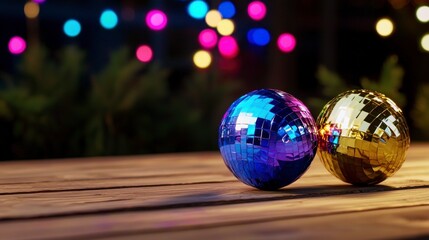 Fototapeta premium Festive Disco Balls on Wooden Table Night Party Decor