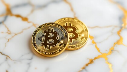 Naklejka premium Gold Bitcoin Coins on Marble Background