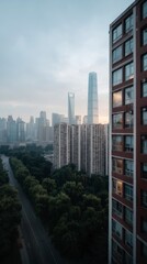 Stunning Cityscape  Skyscrapers  Residential Buildings  Trees  Road  Cloudy Sky