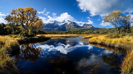 Fototapeta premium Autumnal Patagonian landscape tranquil lake reflecting snowy peaks under a sunny sky; ideal for travel brochures