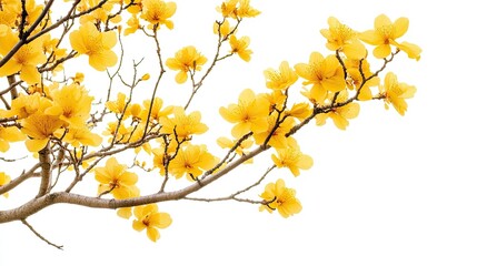 Vibrant Yellow Flowers on Branch Against Blank White Background Capturing the Essence of Spring Elegance and Natural Beauty in Full Bloom