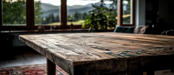 Rustic Wooden Table  Farmhouse Kitchen  Countryside View