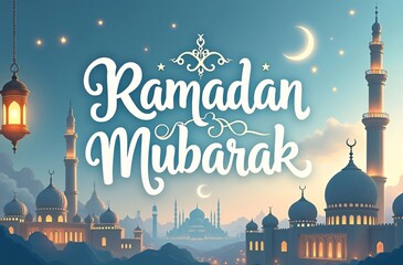 Beautiful Islamic themed Ramadan artwork with crescent moon, mosque skylines, lanterns
