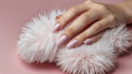 Girl's hands with a beautiful pale pink manicure. In the hands of white fur. the nail extension procedure in a beauty salon. Professional hand care.